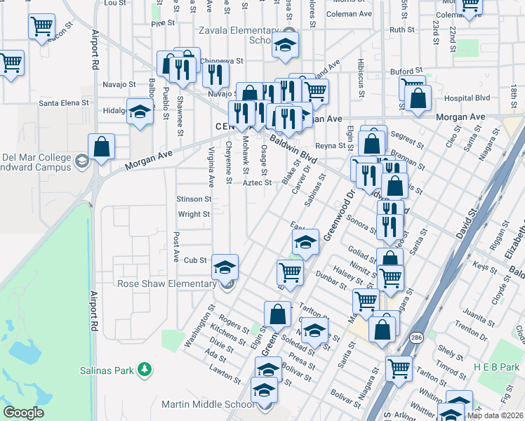 map of restaurants, bars, coffee shops, grocery stores, and more near 2909 Blake Street in Corpus Christi