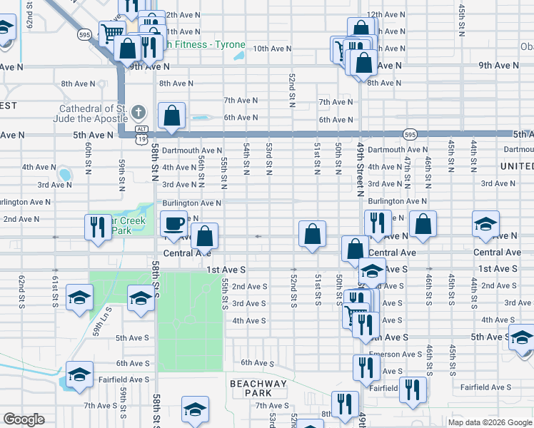 map of restaurants, bars, coffee shops, grocery stores, and more near 130 53rd Street South in St. Petersburg