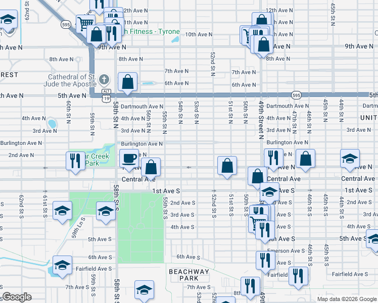 map of restaurants, bars, coffee shops, grocery stores, and more near 130 53rd Street South in St. Petersburg