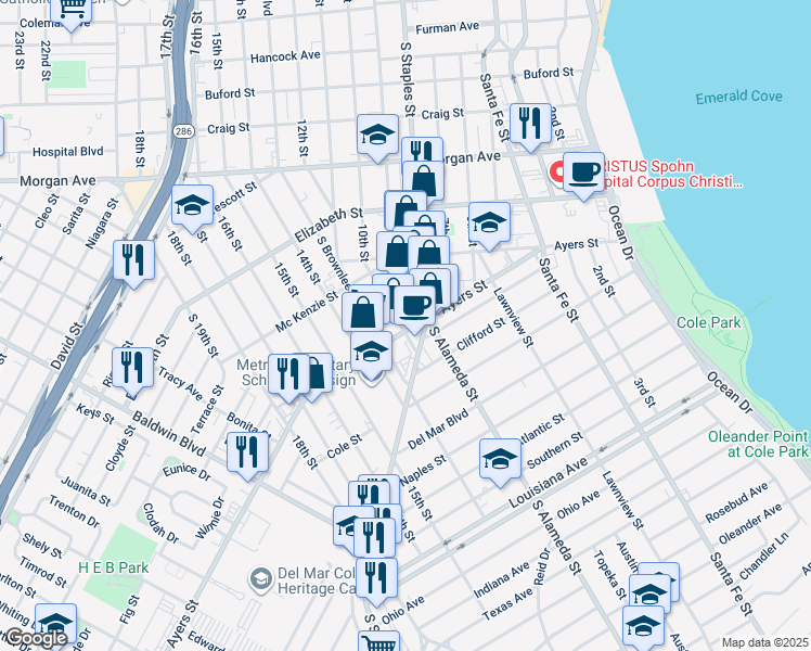 map of restaurants, bars, coffee shops, grocery stores, and more near 1320 Ayers Street in Corpus Christi
