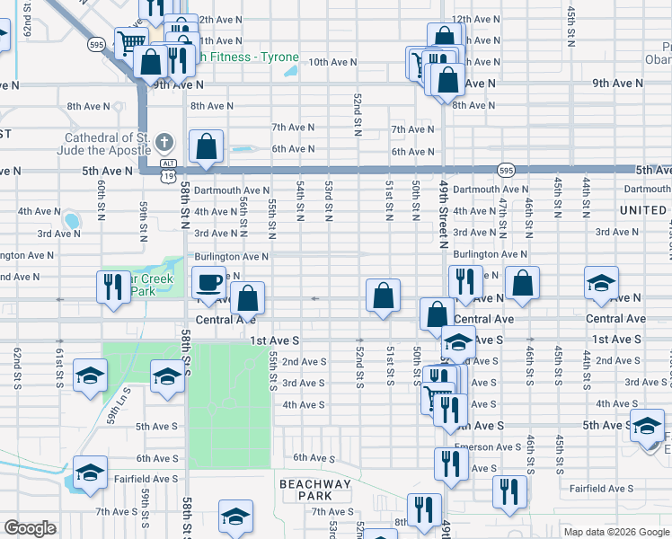 map of restaurants, bars, coffee shops, grocery stores, and more near 130 53rd Street South in St. Petersburg