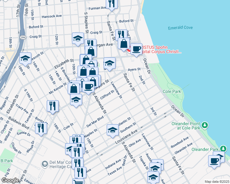 map of restaurants, bars, coffee shops, grocery stores, and more near 405 Clifford Street in Corpus Christi