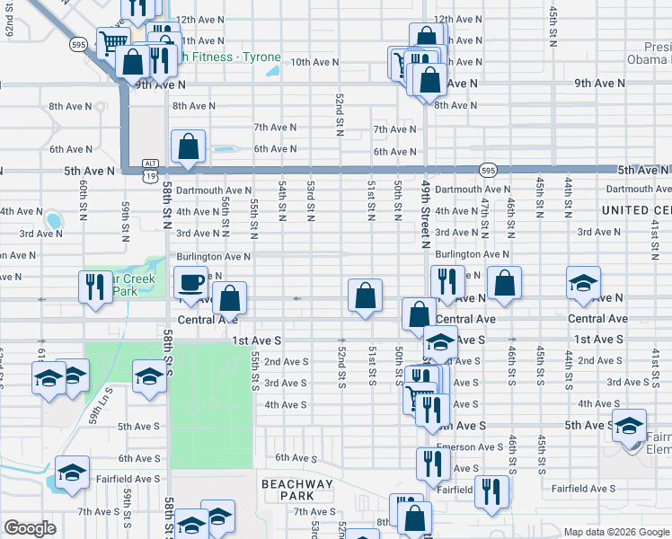 map of restaurants, bars, coffee shops, grocery stores, and more near 5209 2nd Avenue North in St. Petersburg