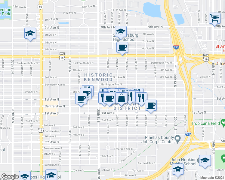 map of restaurants, bars, coffee shops, grocery stores, and more near 2635 2nd Avenue North in Saint Petersburg