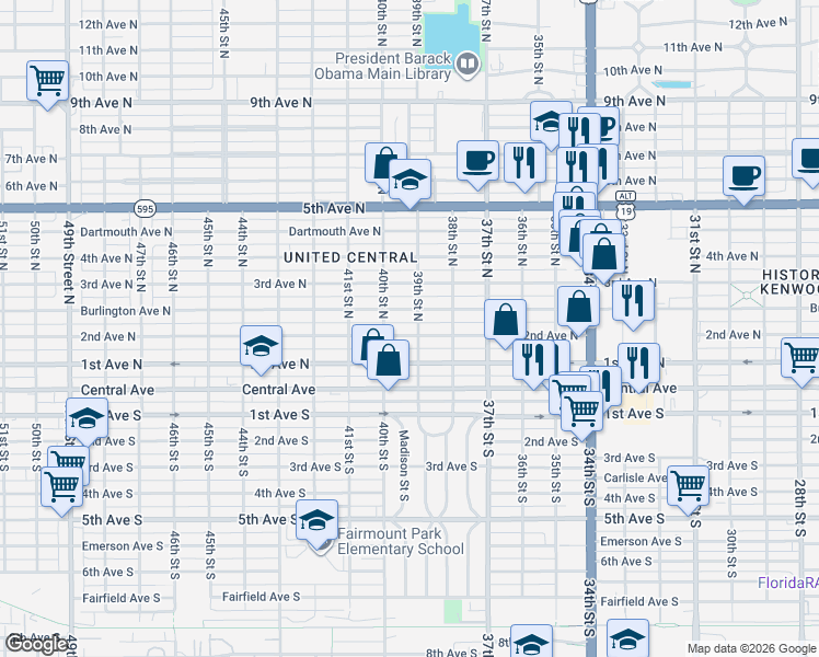 map of restaurants, bars, coffee shops, grocery stores, and more near 3862 2nd Avenue North in St. Petersburg