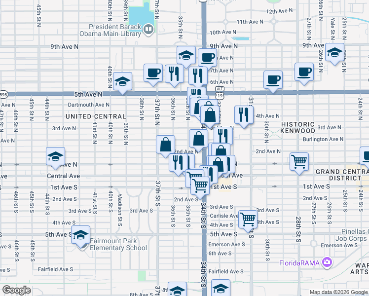 map of restaurants, bars, coffee shops, grocery stores, and more near 3526 2nd Avenue North in St. Petersburg