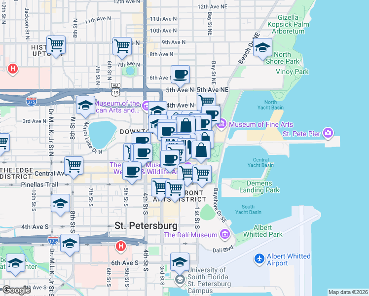 map of restaurants, bars, coffee shops, grocery stores, and more near 117 Sunshine Lane Northeast in St. Petersburg