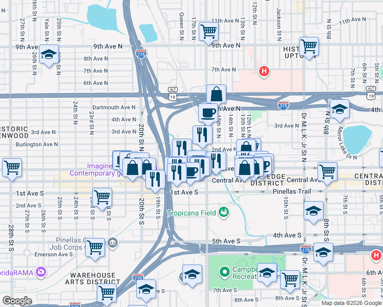 map of restaurants, bars, coffee shops, grocery stores, and more near 1659 1st Avenue South in St. Petersburg