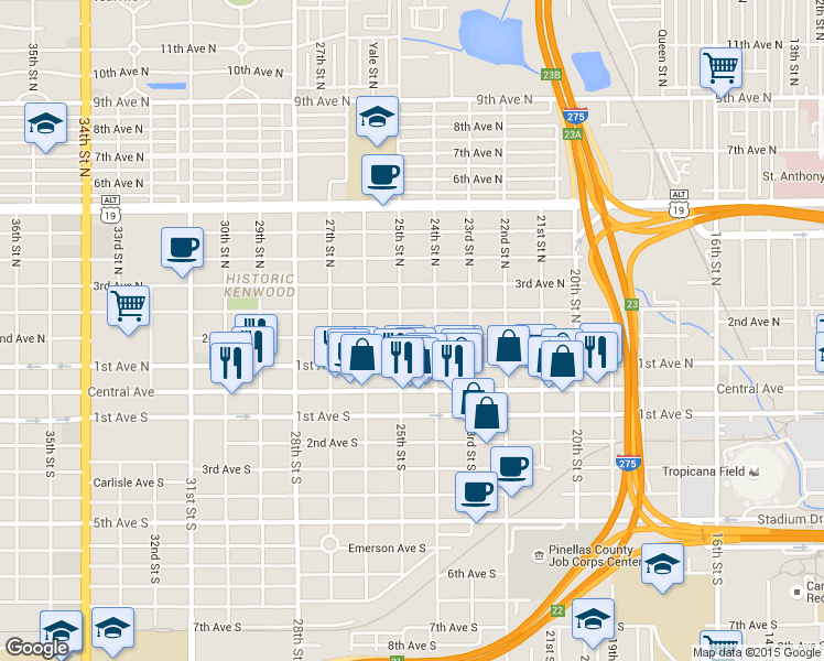 map of restaurants, bars, coffee shops, grocery stores, and more near 2426 2nd Avenue North in St. Petersburg