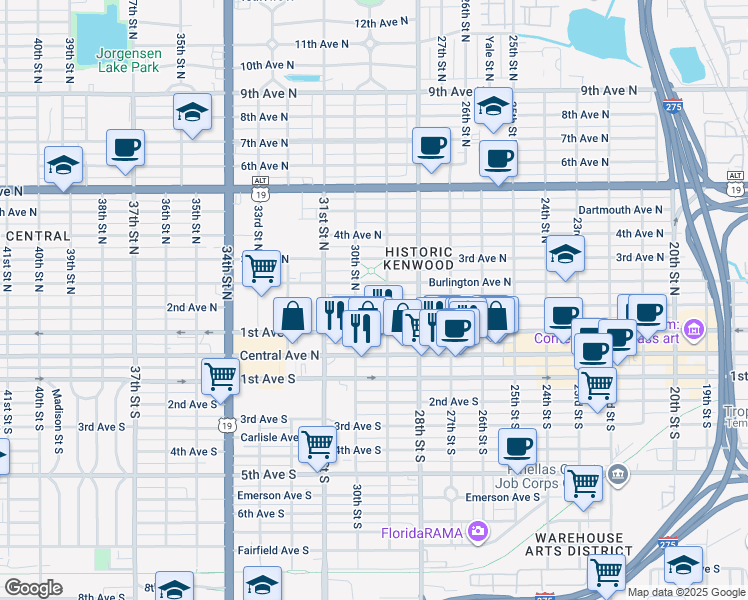 map of restaurants, bars, coffee shops, grocery stores, and more near 125 29th Street South in St. Petersburg