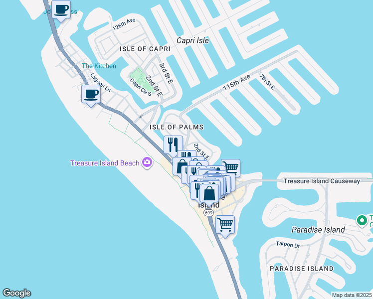 map of restaurants, bars, coffee shops, grocery stores, and more near 11165 Gulf Boulevard in Treasure Island