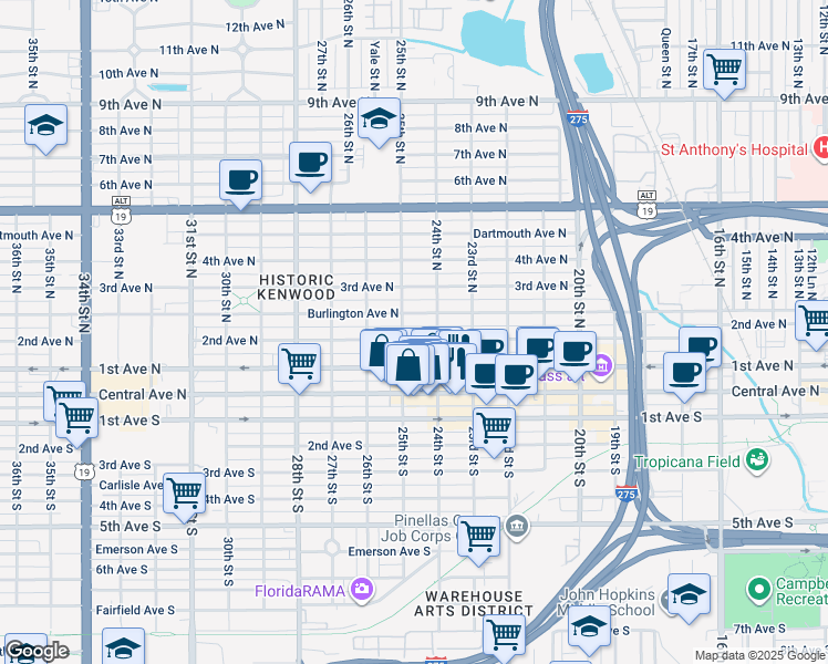 map of restaurants, bars, coffee shops, grocery stores, and more near 2426 2nd Avenue North in St. Petersburg