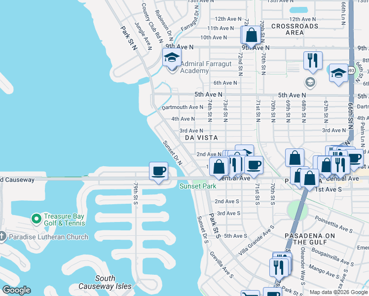 map of restaurants, bars, coffee shops, grocery stores, and more near 218 Park Street North in Saint Petersburg