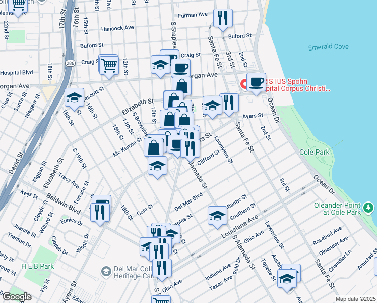 map of restaurants, bars, coffee shops, grocery stores, and more near 1801 South Alameda Street in Corpus Christi