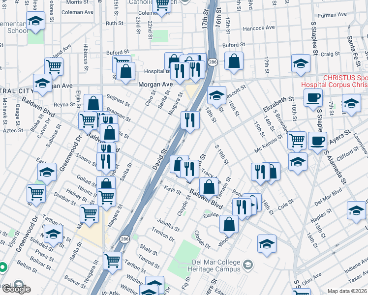 map of restaurants, bars, coffee shops, grocery stores, and more near 2441 Riggan Street in Corpus Christi