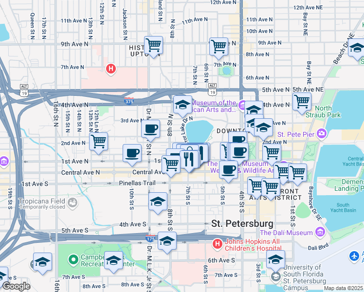 map of restaurants, bars, coffee shops, grocery stores, and more near 114 7th Street North in St. Petersburg