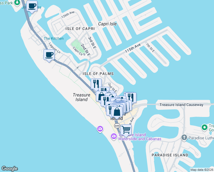 map of restaurants, bars, coffee shops, grocery stores, and more near 11105 1st Street East in Treasure Island