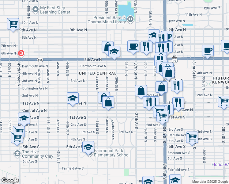 map of restaurants, bars, coffee shops, grocery stores, and more near 3862 2nd Avenue North in St. Petersburg