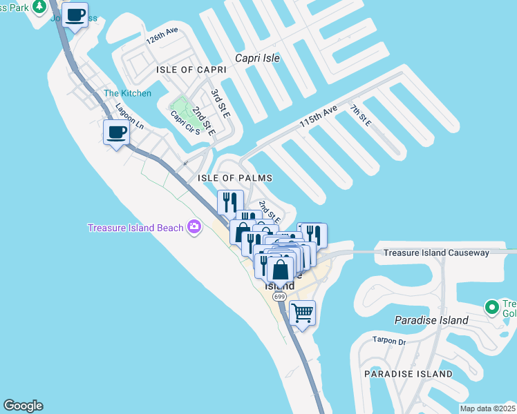 map of restaurants, bars, coffee shops, grocery stores, and more near 11105 1st Street East in Treasure Island