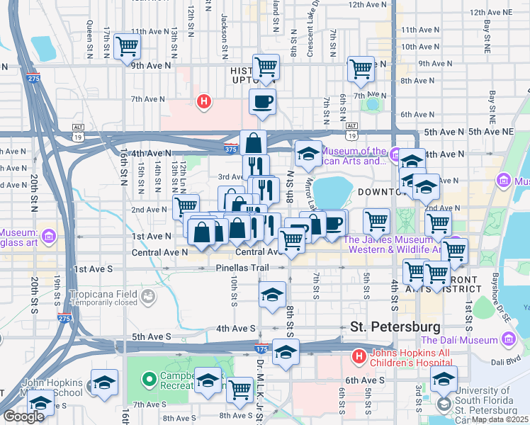 map of restaurants, bars, coffee shops, grocery stores, and more near 913 1st Avenue North in St. Petersburg