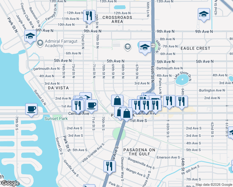 map of restaurants, bars, coffee shops, grocery stores, and more near 6900 3rd Avenue North in St. Petersburg