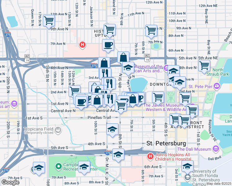 map of restaurants, bars, coffee shops, grocery stores, and more near 205 Doctor Martin Luther King Junior Street South in St. Petersburg