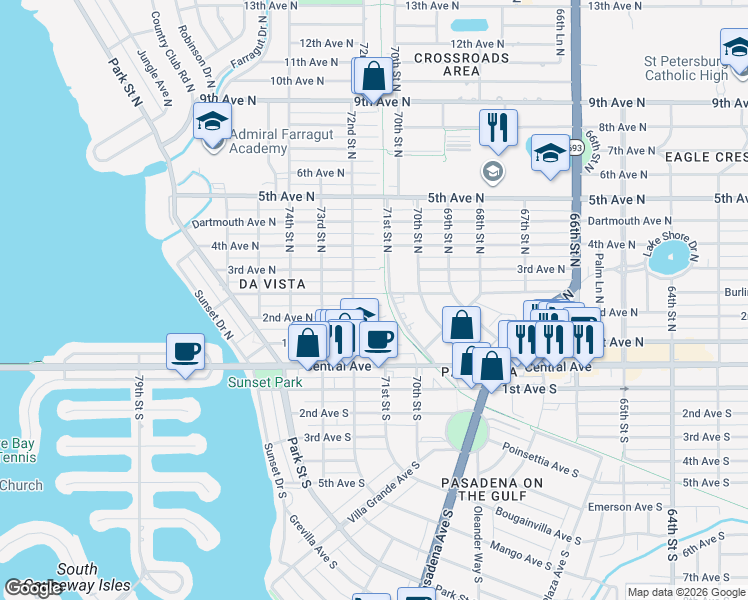 map of restaurants, bars, coffee shops, grocery stores, and more near 7111 Burlington Avenue North in St. Petersburg