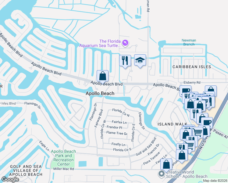 map of restaurants, bars, coffee shops, grocery stores, and more near 6412 Coquina Island Cove in Apollo Beach
