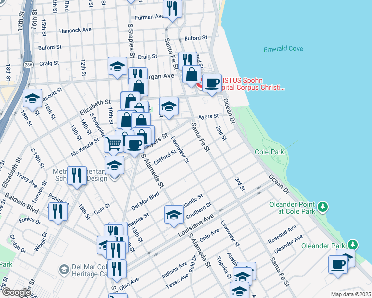 map of restaurants, bars, coffee shops, grocery stores, and more near 337 Clifford Street in Corpus Christi