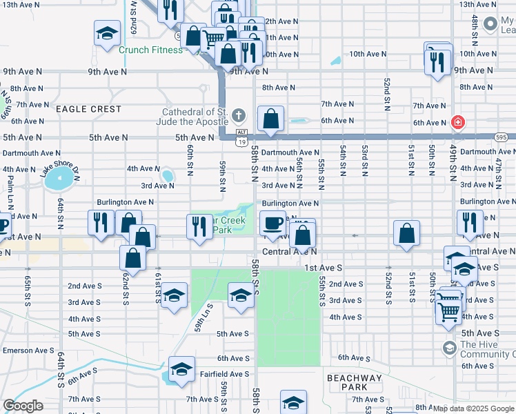 map of restaurants, bars, coffee shops, grocery stores, and more near 5727 Burlington Avenue North in St. Petersburg