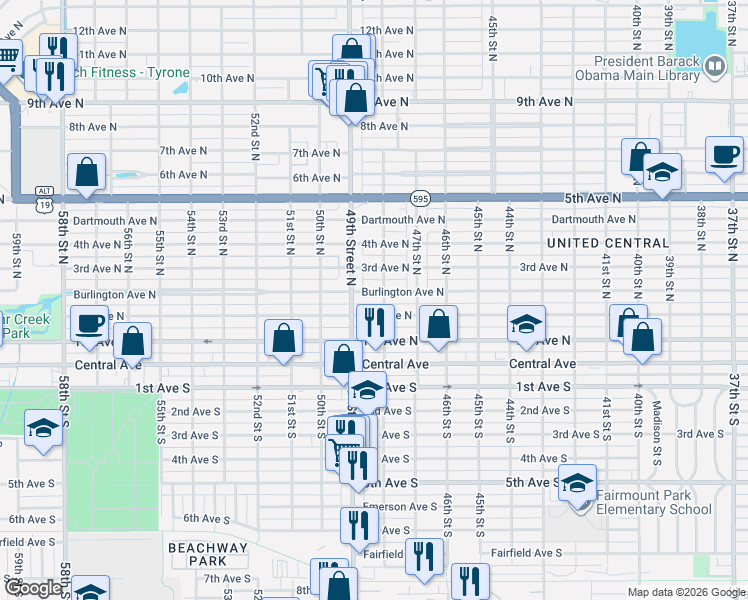 map of restaurants, bars, coffee shops, grocery stores, and more near 237 49th Street South in St. Petersburg