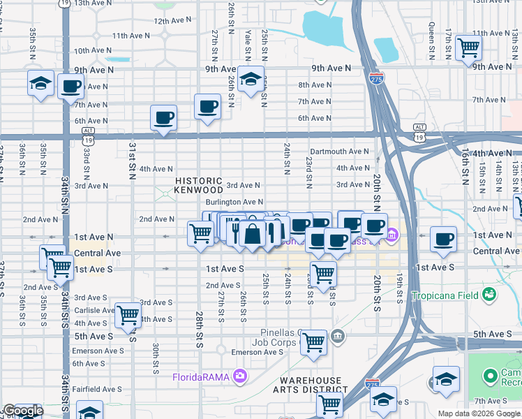 map of restaurants, bars, coffee shops, grocery stores, and more near 2535 Burlington Avenue North in St. Petersburg