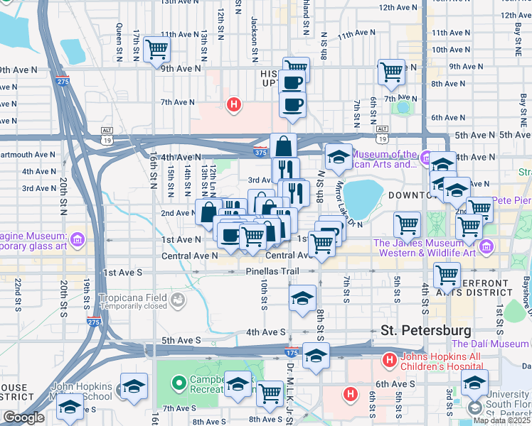 map of restaurants, bars, coffee shops, grocery stores, and more near 1028 Burlington Avenue North in St. Petersburg