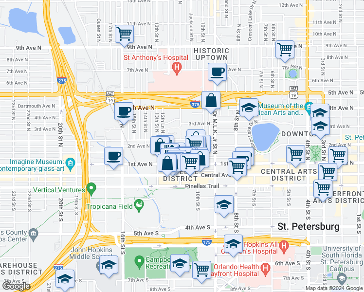 map of restaurants, bars, coffee shops, grocery stores, and more near 1158 23rd Avenue North in St. Petersburg