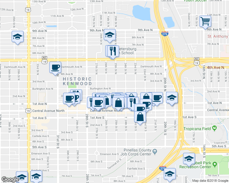 map of restaurants, bars, coffee shops, grocery stores, and more near 2535 Burlington Avenue North in St. Petersburg