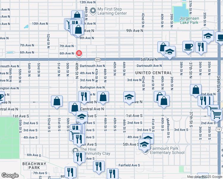 map of restaurants, bars, coffee shops, grocery stores, and more near 4519 Burlington Avenue North in St. Petersburg