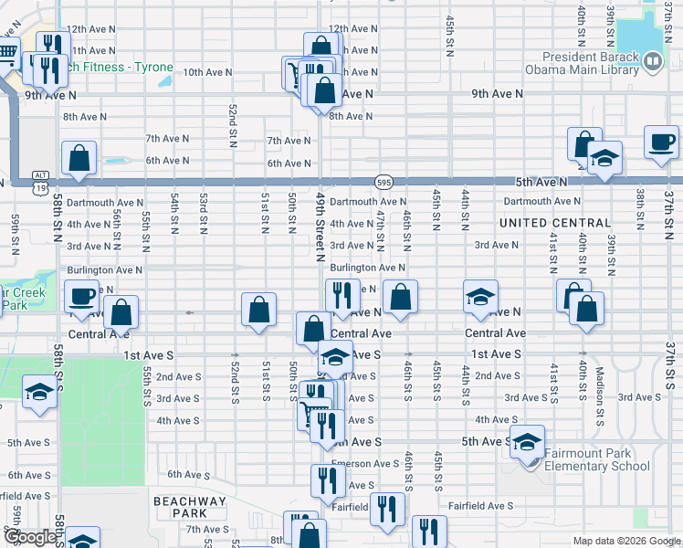 map of restaurants, bars, coffee shops, grocery stores, and more near 237 49th Street South in St. Petersburg