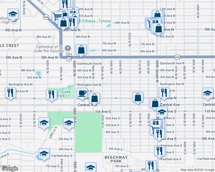 map of restaurants, bars, coffee shops, grocery stores, and more near 5411 Burlington Avenue North in St. Petersburg