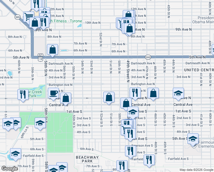 map of restaurants, bars, coffee shops, grocery stores, and more near 5130 Burlington Avenue North in St. Petersburg