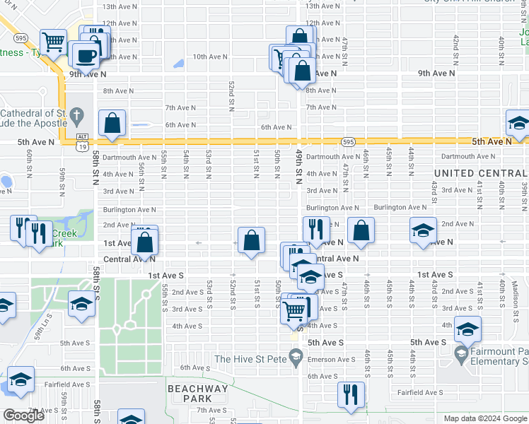 map of restaurants, bars, coffee shops, grocery stores, and more near 5034 Burlington Avenue North in Saint Petersburg