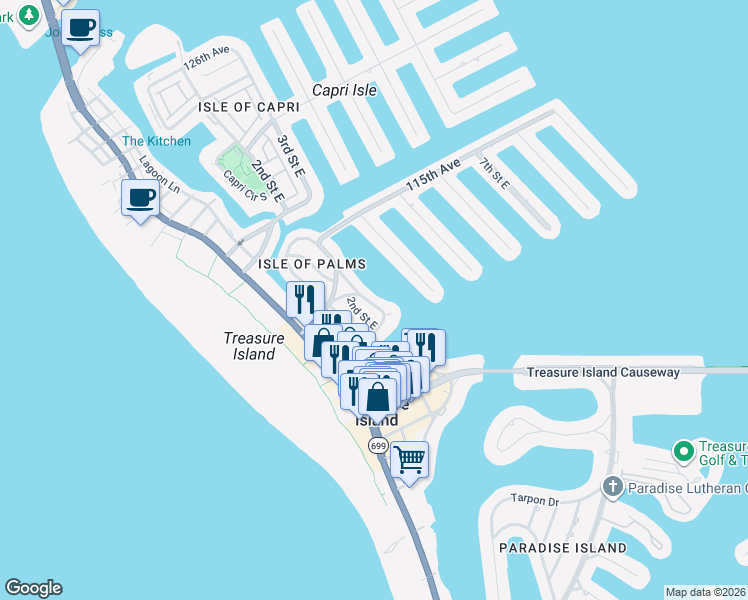 map of restaurants, bars, coffee shops, grocery stores, and more near 11095 3rd Street East in Treasure Island