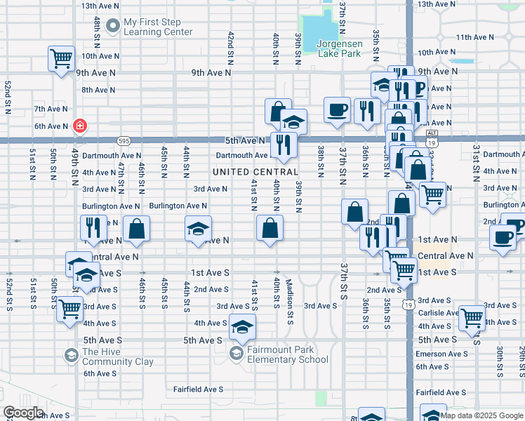 map of restaurants, bars, coffee shops, grocery stores, and more near 4105 Burlington Avenue North in St. Petersburg