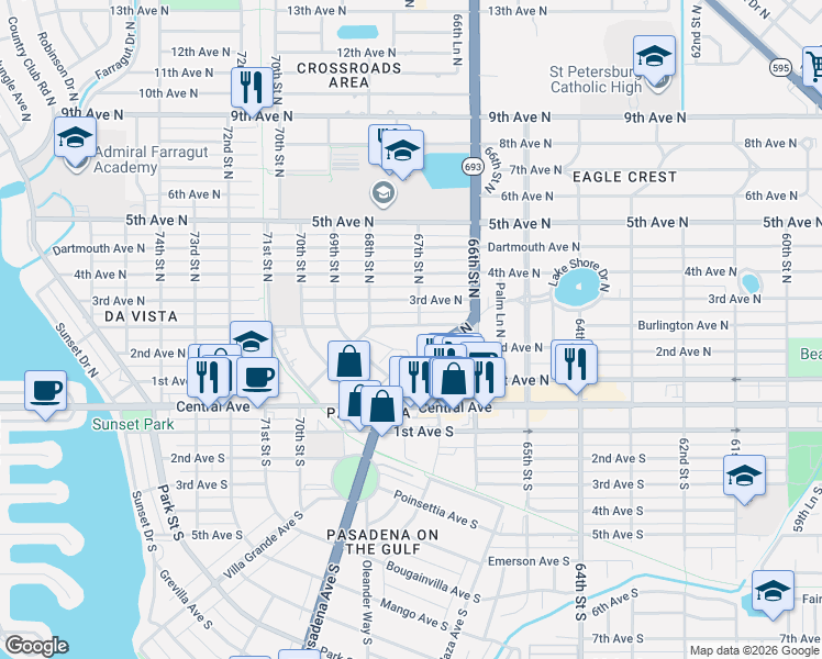 map of restaurants, bars, coffee shops, grocery stores, and more near 6711 Burlington Avenue North in St. Petersburg