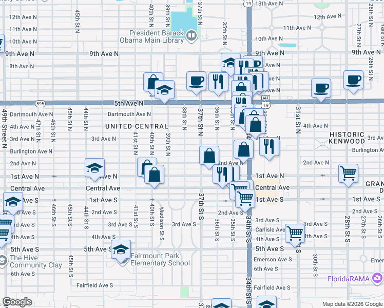 map of restaurants, bars, coffee shops, grocery stores, and more near 3753 Burlington Avenue North in St. Petersburg
