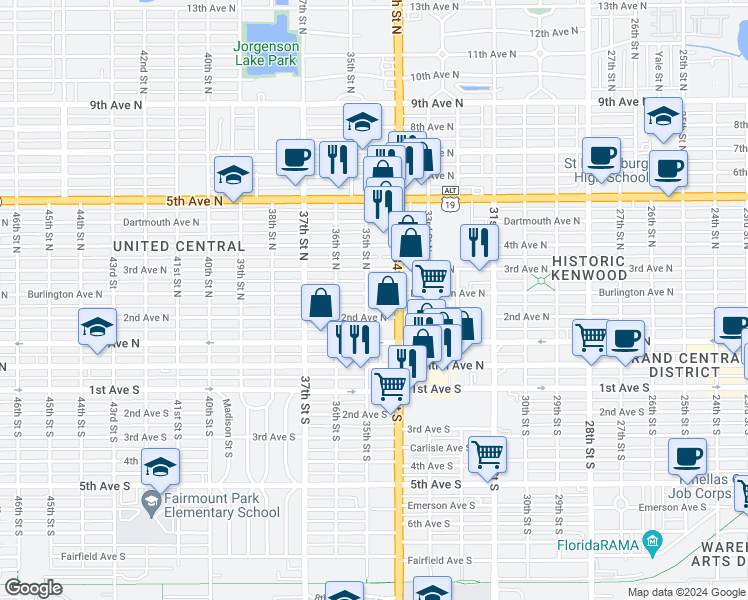 map of restaurants, bars, coffee shops, grocery stores, and more near 3450 Burlington Avenue North in Saint Petersburg