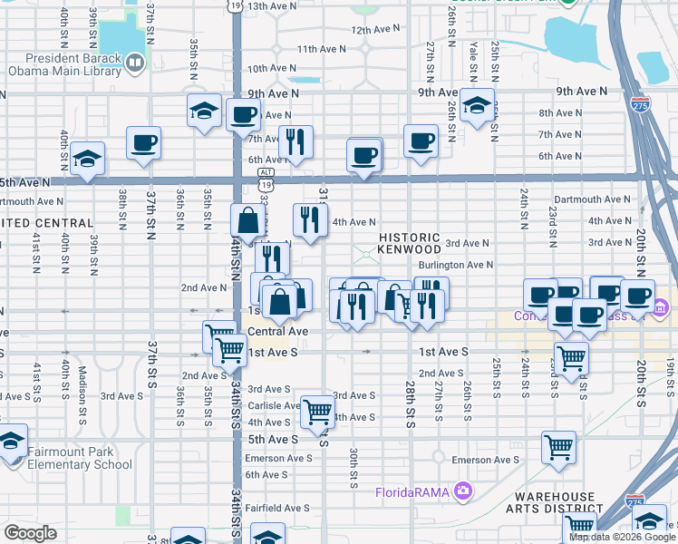 map of restaurants, bars, coffee shops, grocery stores, and more near 242 30th Street North in St. Petersburg