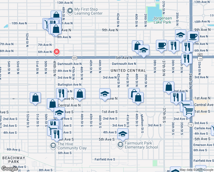 map of restaurants, bars, coffee shops, grocery stores, and more near 4310 Burlington Avenue North in Saint Petersburg