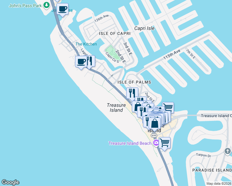 map of restaurants, bars, coffee shops, grocery stores, and more near 11580 Gulf Boulevard in Treasure Island