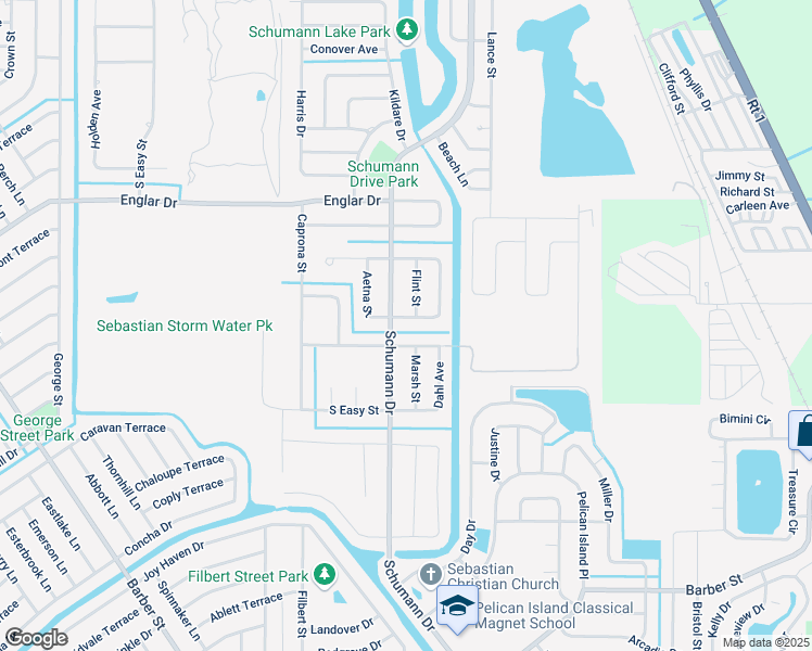 map of restaurants, bars, coffee shops, grocery stores, and more near 102 Aetna Street in Sebastian
