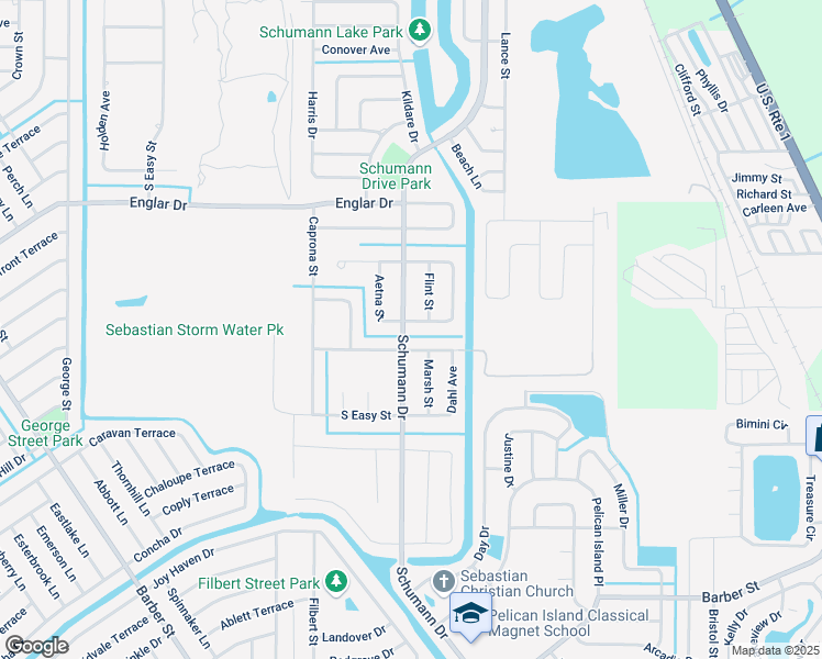 map of restaurants, bars, coffee shops, grocery stores, and more near 102 Aetna Street in Sebastian